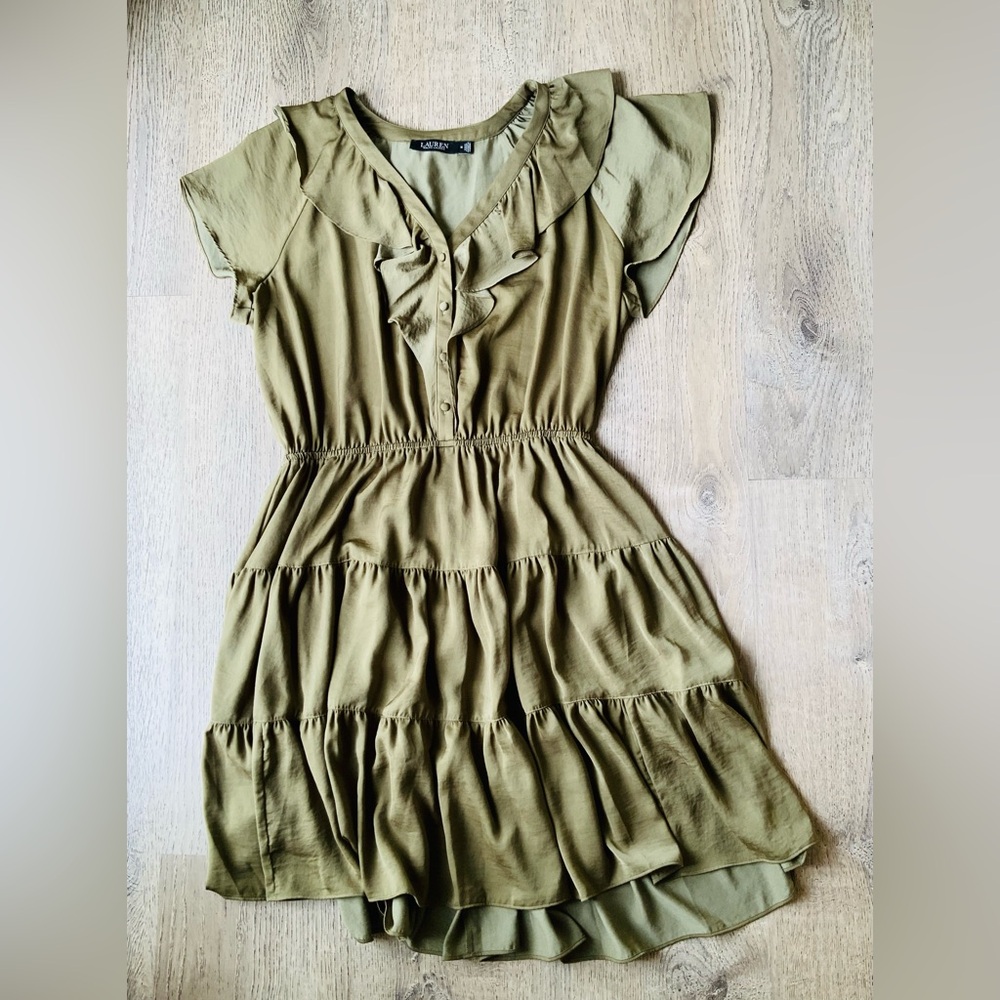 Lauren Ralph Lauren Olive Green Ruffled Dress 14